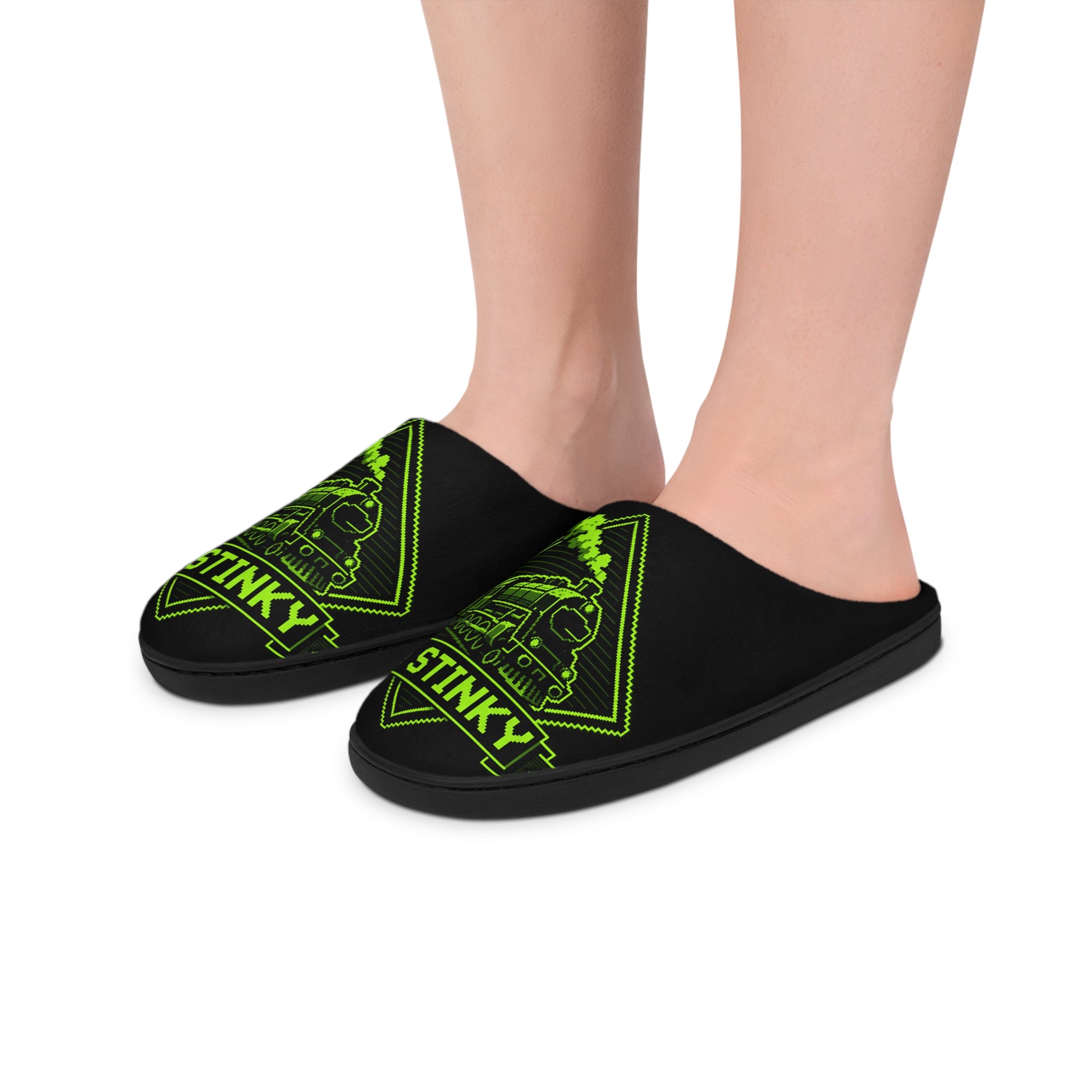 Stinky Men's Indoor Slippers — Neon Green 'Be Stinky' Skate Van Graphic