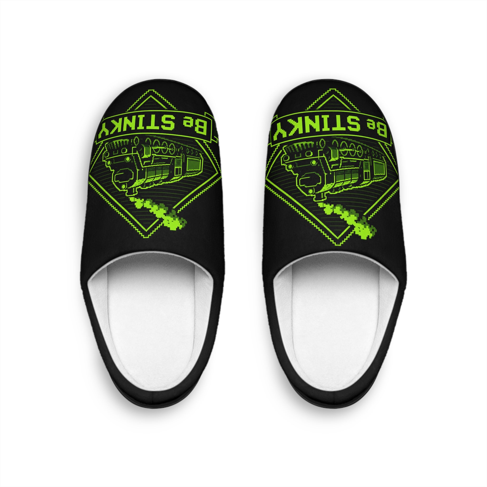 Stinky Men's Indoor Slippers — Neon Green 'Be Stinky' Skate Van Graphic