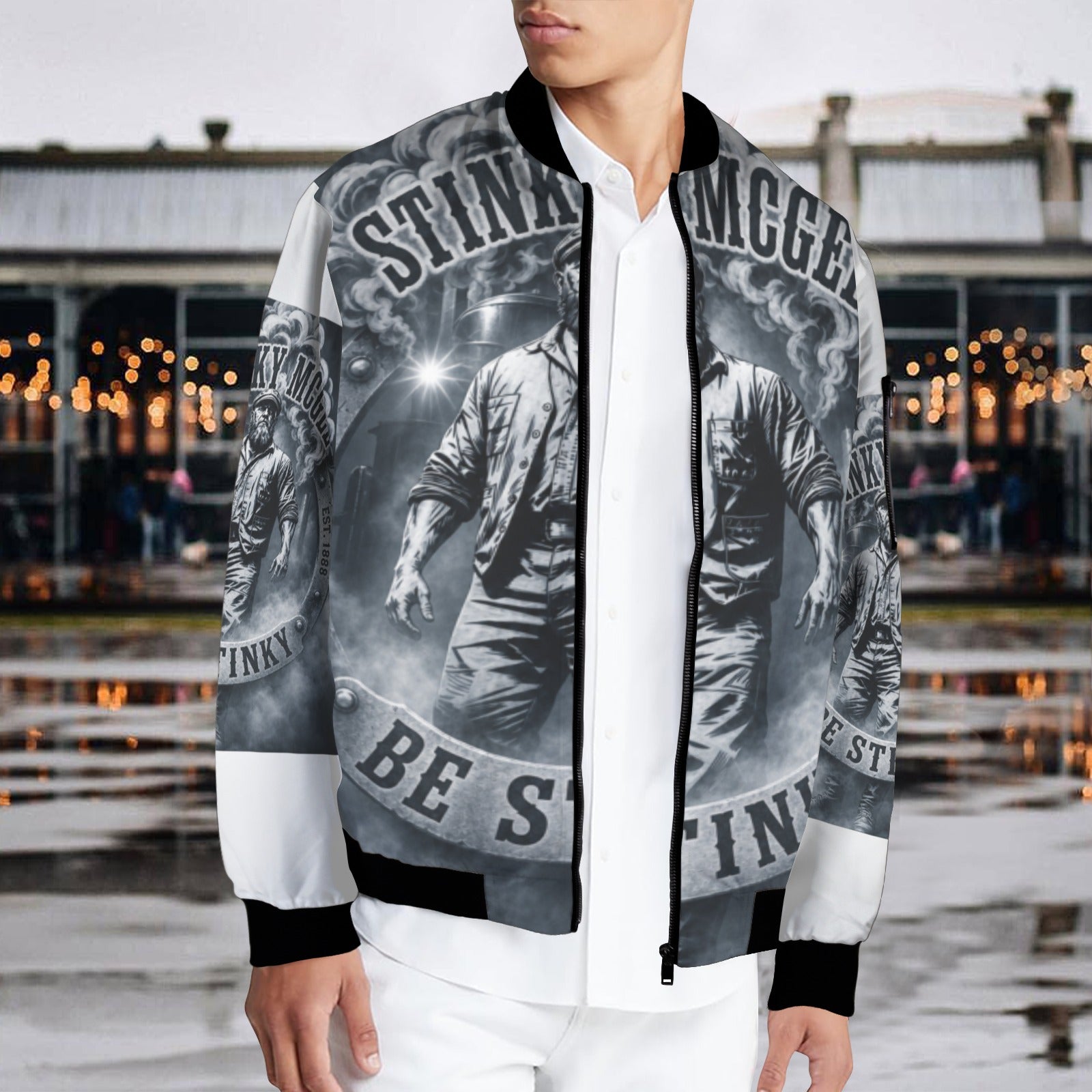 NewStinkyLogoBlackAndWhite Men's Bomber Jacket (Model H65)